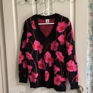 CAbi Black and Pink Floral V-Neck Sweater